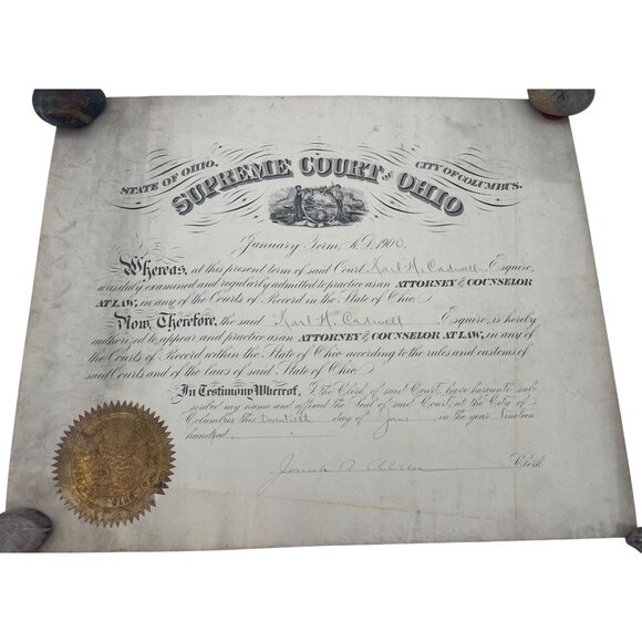 1900 Supreme Court Ohio Attorney Certificate Legal Document Karl Cadwell Antique - Picture 1 of 7